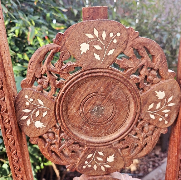 Vintage Hand Carved Wood Inlaid Plate/Cake Shelf Stand From India - Picture 8 of 13
